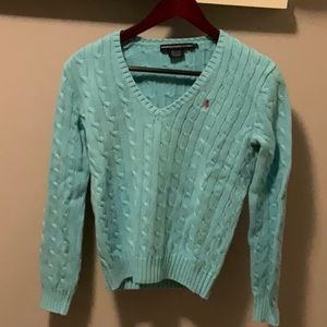 Ralph Lauren Sport M Tiel CableKnit V-Neck Sweater Raspberry Polo Pony